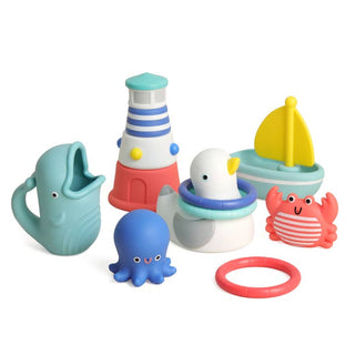 Itzy Ritzy Seaside Splash Gift Set™ Bath + Water Toy
Set of colorful bath toys including an octopus, lighthouse, boat, and crab on a white background