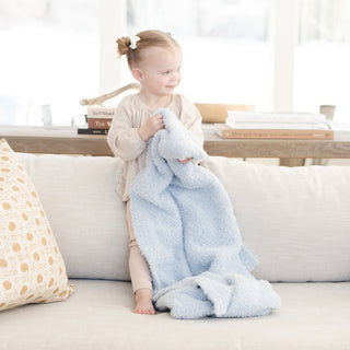 Saranoni Bamboni® Receiving Blanket - Light Blue
Child holding a blue blanket on a light-colored couch with a neutral background