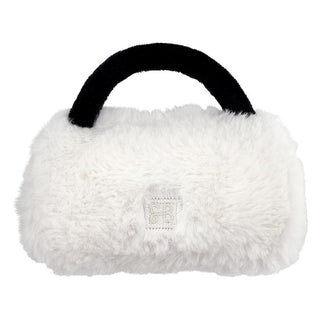 Stephan Baby Plush Rattle Purse - Bow
White fluffy handbag with a black handle on a white background