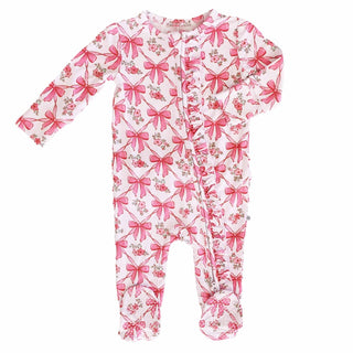 Caden Lane Bow Besties Ruffle Zipper Footie for babies, featuring soft fabric, ruffle details, and zipper closure in pastel colors.