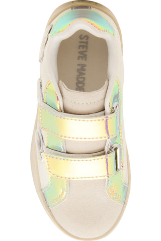 Steve Madden Toddler Fetti Sneaker
A top-down view of a children's sneaker by Steve Madden, featuring iridescent holographic straps and accents on a cream-colored suede upper.