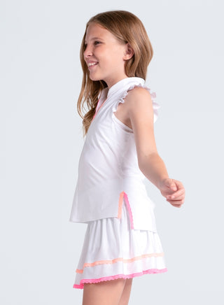 White Lucky In Love girls' lace frill tank top with delicate ruffle details, soft fabric, and sleeveless design.