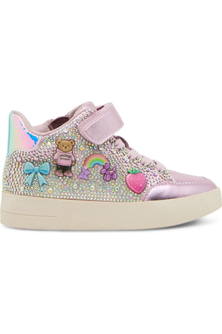 Steve Madden Toddler Delight High Top Sneaker - Pink
A pink high-top sneaker decorated with rhinestones, a velcro strap, and cute appliques including a teddy bear, rainbow, bow, flower, strawberry, and unicorn.