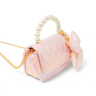 Zomi Gems Shiny Quilted Fluffy Bow Handbag - Pink
Pink handbag with pearl handle and gold chain on a white background