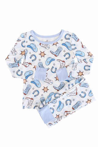 Caden Lane Rodeo Dreams Blue two-piece pajama set for kids, featuring playful print and comfortable fabric.