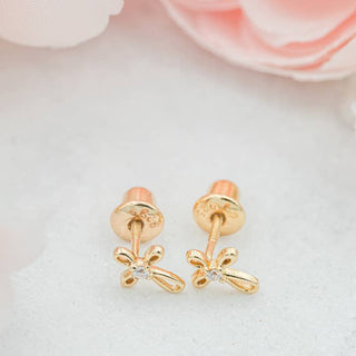 Cherished Moments 14K gold-plated infinity cross earrings with screw back, featuring a delicate cross design and secure closure.