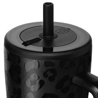 Brumate Era 40oz cup with Onyx Leopard design, featuring a sleek, patterned exterior and secure lid for beverages.