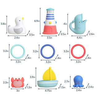Itzy Ritzy Seaside Splash Gift Set™ Bath + Water Toy
Set of bath toys with measurements on a white background