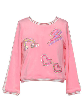 Baby Sara Pink Velour Long Sleeve Top with Rhinestone Detail 
Pink sweatshirt with decorative elements on a white background