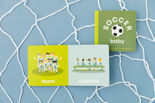 Left Hand Book House soccer-themed board book for babies, featuring colorful illustrations and durable pages for little hands.