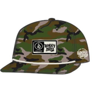 BinkyBro Bnky X Volcom Woodland Kids Hat
A Volcom camouflage snapback cap with a black and white 'Binky Bro' patch on the front and a white embroidered logo on the side, shown against a plain white background.