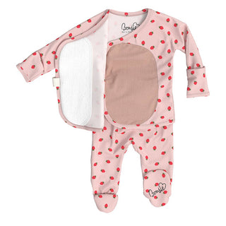 Bonsie Footie - Strawberries
Baby onesie with red berry pattern on a white background