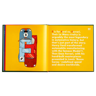 Car Legends Alphabet Hardcover Book
Open book with a car illustration and text on a yellow background
