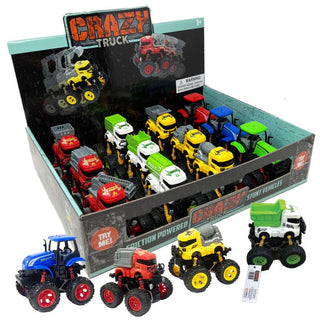 Crazy Trucks Die Cast Pull-Back Big Rig Vehicle
Display box of toy Crazy Truck set with various toy trucks in front