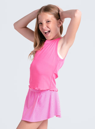 Lucky In Love girls flutterline tank top in taffy color, featuring a lightweight, sleeveless design with fluttery shoulder details.
