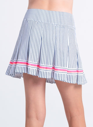 Lucky In Love girls' white pinstripe pop skirt laid flat, showing the lightweight, stylish design with a fitted waist and pleated detail.
