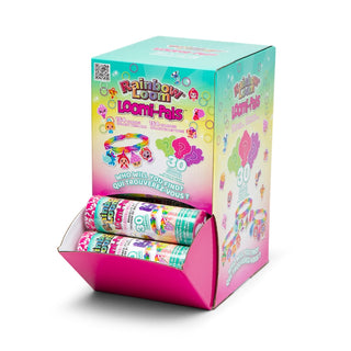 Rainbow Loom Cylinder Surprise
Display box of Rainbow Loom Loomi-Pais with colorful packaging and product.