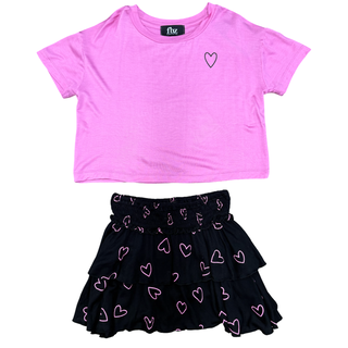 FBZ Black Heart on Pink Boxy Tee Pink crop top and black skirt with heart patterns on a white background