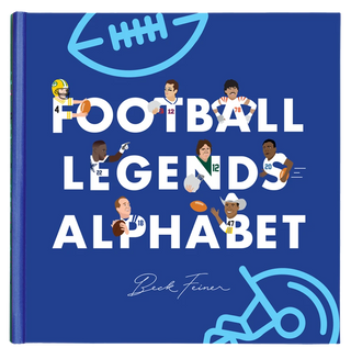Football Legends Alphabet Hardcover Book
Book titled 'Football Legends Alphabet' with illustrations of football players on a blue background