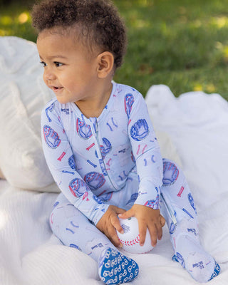 Lev Baby Zippered Footie in Home Run design, soft baby onesie with zipper closure, ideal for comfortable sleep and play.