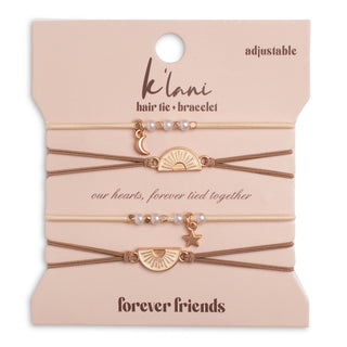 K'lani "Forever Friends" Neutral Sun Friendship Hair Tie Bracelets
Set of hair ties and bracelets with decorative elements on a 'klani' branded card.
