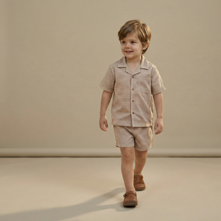 Makemake Organics organic shirt and shorts set in caramel check, casual 2-piece outfit with a soft, natural fabric look.