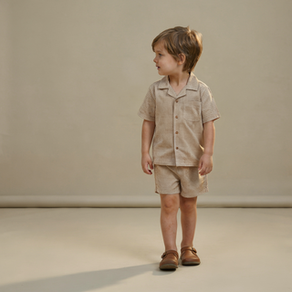 Makemake Organics organic shirt and shorts set in caramel check, casual 2-piece outfit with a relaxed fit and soft fabric.