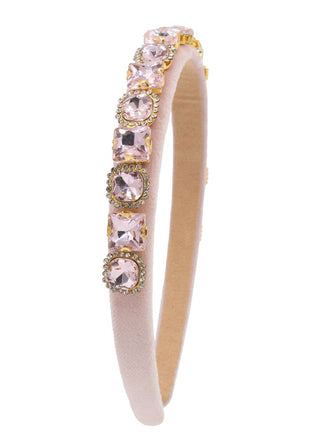 Bari Lynn pink velvet headband with multishape jewel accents, stylish accessory for hair or fashion styling.