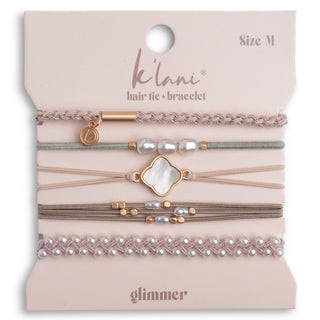 K'lani "Glimmer" Soft Pinks with Pearl and Gold Accent Hair Tie Bracelets
Set of hair ties and bracelets on a 'Ke'lani' branded card with 'glimmer' design.