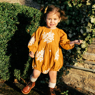 Pink Chicken Baby Girls Brooke Bubble - Inca Gold W/ Embroidery, Pink Chicken, Baby Brooke Dress, Brooke Bubble, cf-size-0-3-months, cf-size-18-24-months, cf-type-dress, cf-vendor-pink-chicke