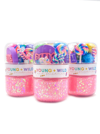 Young Wild and Friedman Grab & Go Dough Jar - Candy
Three colorful jars with candy-themed designs on a white background, labeled 'Young & Wild'.