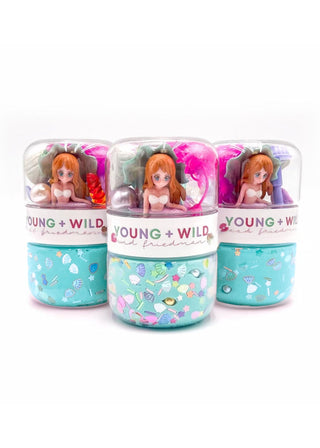 Young Wild and Friedman Grab & Go Dough Jar - Mermaid
Three small containers with dolls inside, labeled 'Young + Wild', on a white background.