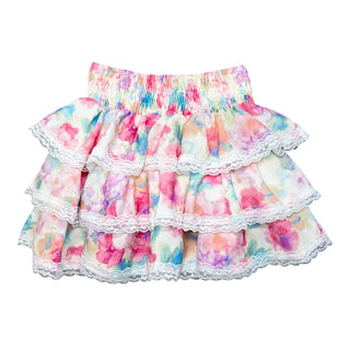 Flowers By Zoe watercolor chiffon lace trim tiered skirt with soft pastel layers and delicate lace accents.