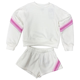 FBZ Pink Multi Stripe Off White Shorts
White sweatshirt and shorts set with pink stripes on a white background