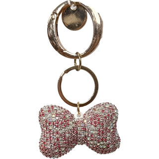 Pink AB Rhinestone Bag Charm / Keychain - Bow Keychain with a decorative bow charm on a white background