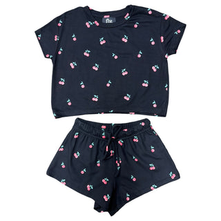 FBZ Red Cherries on Black Boxy Tee
Navy blue pajama set with cherry pattern on a white background