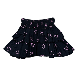 FBZ Black with Pink Hearts Tiered Skirt Black skirt with pink heart patterns on a white background