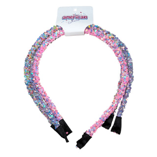 American Jewel Star Glitter thin headbands in hot pink and purple, featuring sparkling star accents, set of three.