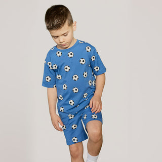 Miles the Label soccer ball graphic T-shirt in royal blue, casual shirt featuring sporty design and vibrant colors.