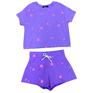 FBZ Neon Pink Stars Purple Boxy Tee
Purple outfit with pink star patterns on a white background