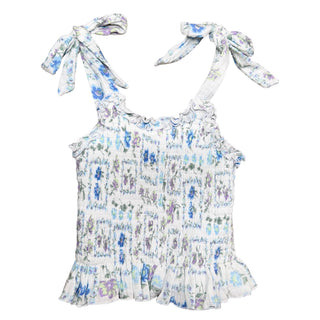 FBZ Blue and Purple Floral Ruched Tie Tank Top by Flowers By Zoe, featuring a fitted design with floral print and adjustable tie detail.