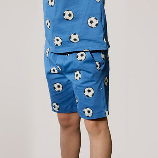 Miles the Label royal blue shorts featuring a soccer ball graphic, designed for sporty and casual wear.