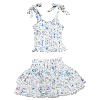 Blue and purple floral lace-trimmed tiered skirt from Flowers By Zoe, featuring layered fabric and intricate lace details.