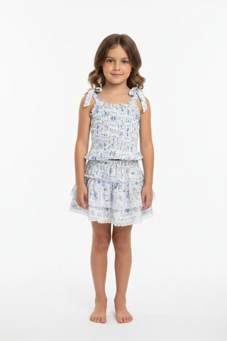 Blue and purple floral lace trimmed tiered skirt from Flowers By Zoe, showcasing layered fabric and intricate lace details.