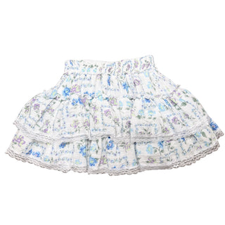 FBZ Flowers By Zoe blue and purple floral lace trimmed tiered skirt, showcasing layered fabric and intricate lace details.