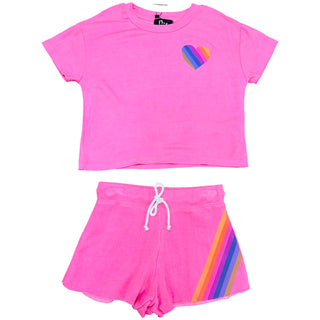 FBZ Rainbow Stripe Neon Pink Shorts
Pink t-shirt with a colorful heart design and pink shorts with rainbow stripes on a white background