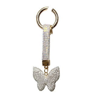  Rhinestone Bag Charm / Keychain - 3D Clear AB Butterfly Keychain with butterfly charm and crystal details on a white background