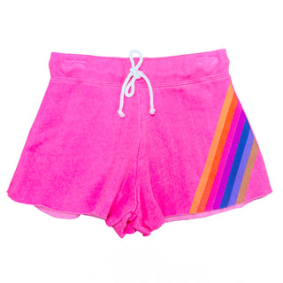FBZ Rainbow Stripe Neon Pink Shorts
Pink shorts with colorful stripes on a white background