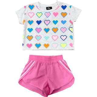 FBZ Pink with Pink Stripes Shorts
Children's outfit with colorful heart-patterned top and pink shorts on a white background