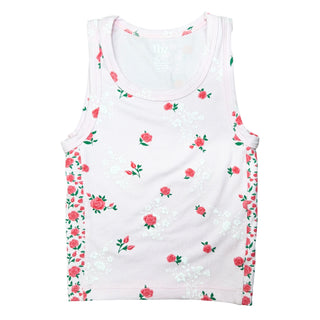 Pink and red flower print tank top by Flowers By Zoe featuring a vibrant floral design and sleeveless style.